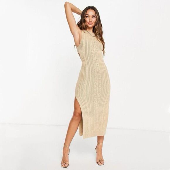 🆕 ASOS Cable Knit Midi Dress with Open Back Detail in Camel - Picture 1 of 11